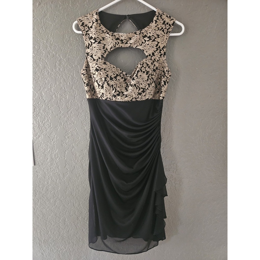 Scarlett Black Gold Lace Ruched Asymmetric Formal Evening Party Cocktail Dress‎